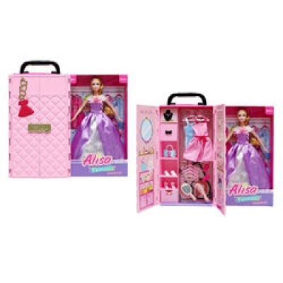 Лялька YS 2502 C (18/2) висота 30 см, шарнірні кінцівки, гардероб з поличками, 2 сукні на вішалях, гребінець, дзеркальце, пара взуття, 4 вішалки, в коробці